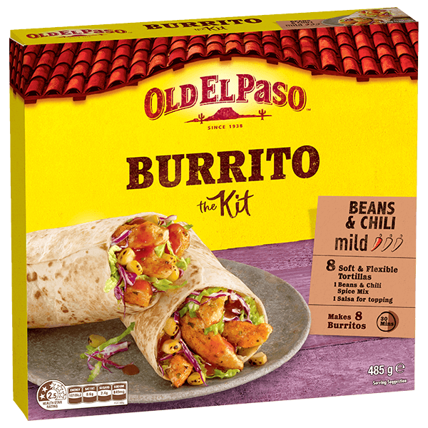a pack of Old El Paso's beans & chili mild burrito kit containing tortillas, beans & chili spice mix & salsa for topping (485g)