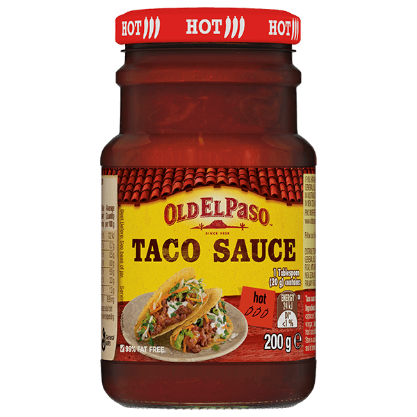 a glass jar of Old El Paso's hot taco sauce (200g)
